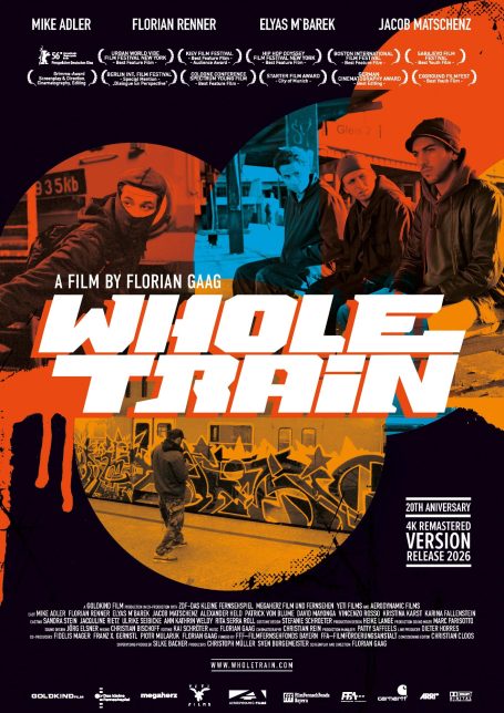 Film poster for "Whole Train" featuring vibrant colours and dynamic imagery of urban life.